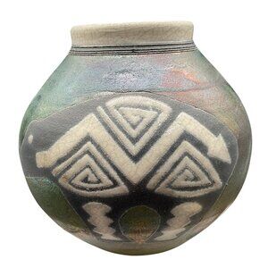 Ben Diller Raku Bear Vase With Native American Design 5.5"H x 5"W Handmade